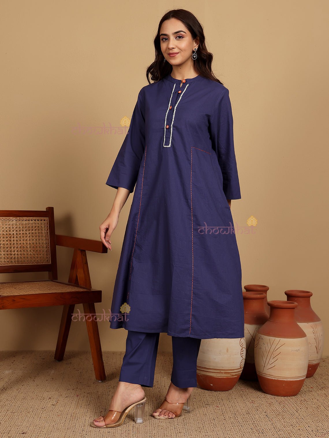 Khushi Aline Cotton Kurti & Pants Set With Pockets & Handwork - Chowkhat Lifestyle