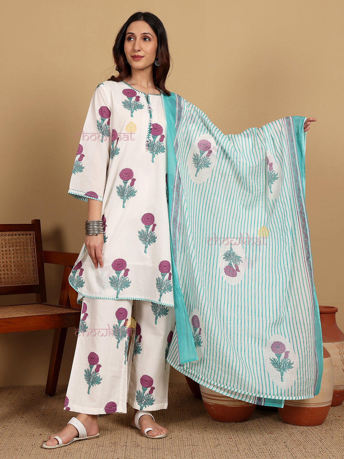 Meher Pure Cotton Stitched Suit Set with Handwork & Attached Lining - Chowkhat Lifestyle