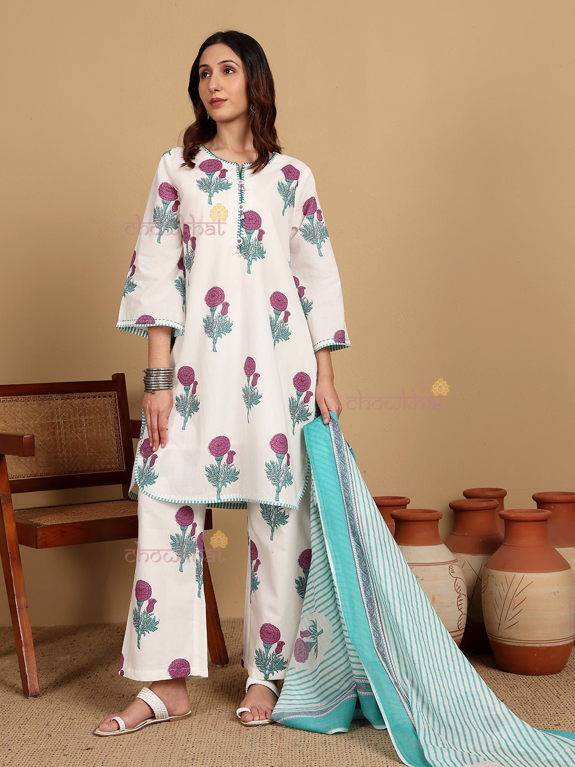 Meher Pure Cotton Stitched Suit Set with Handwork & Attached Lining