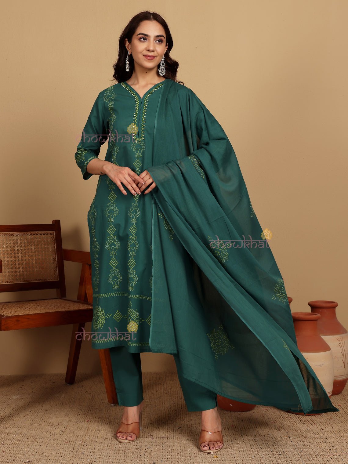 Soha Pure Cotton Stitched Suit Set With Handblock & Handwork - Chowkhat Lifestyle