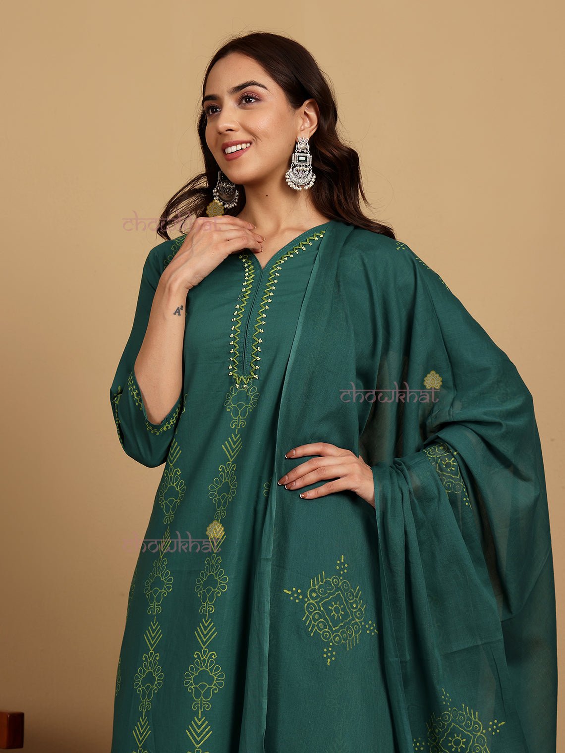 Soha Pure Cotton Stitched Suit Set With Handblock & Handwork - Chowkhat Lifestyle