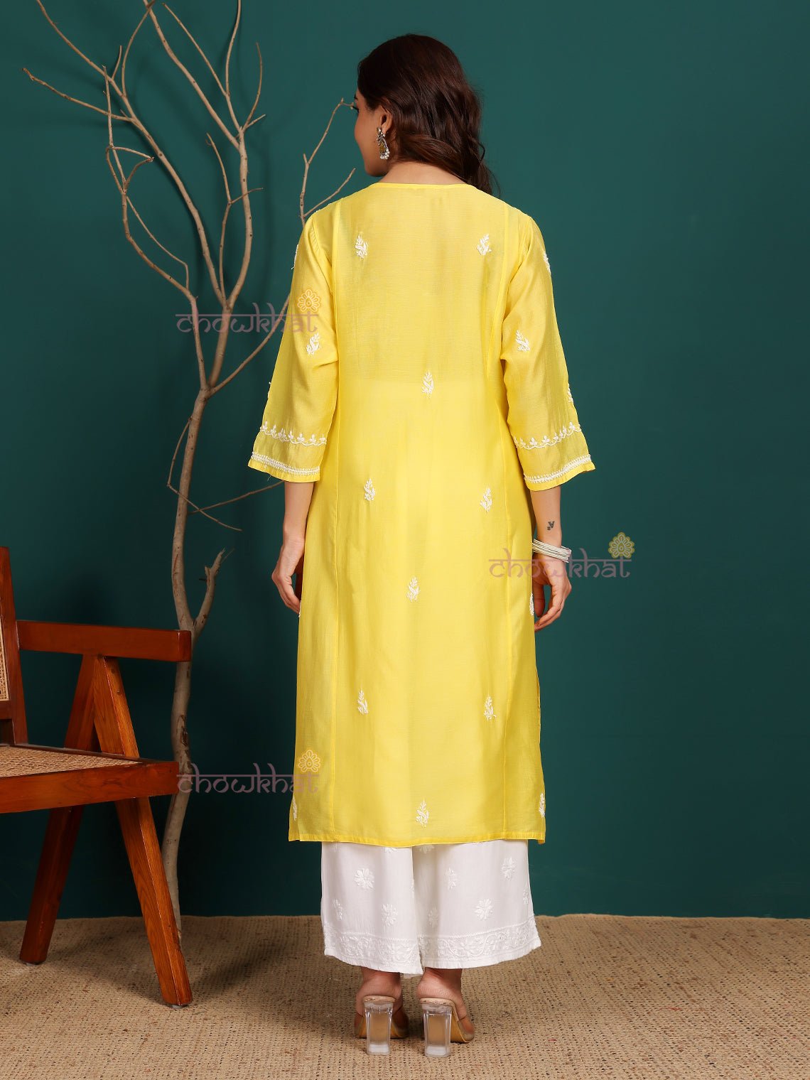 Naina Premium Chanderi Long Hand Embroidered Chikankari Kurti - Chowkhat Lifestyle