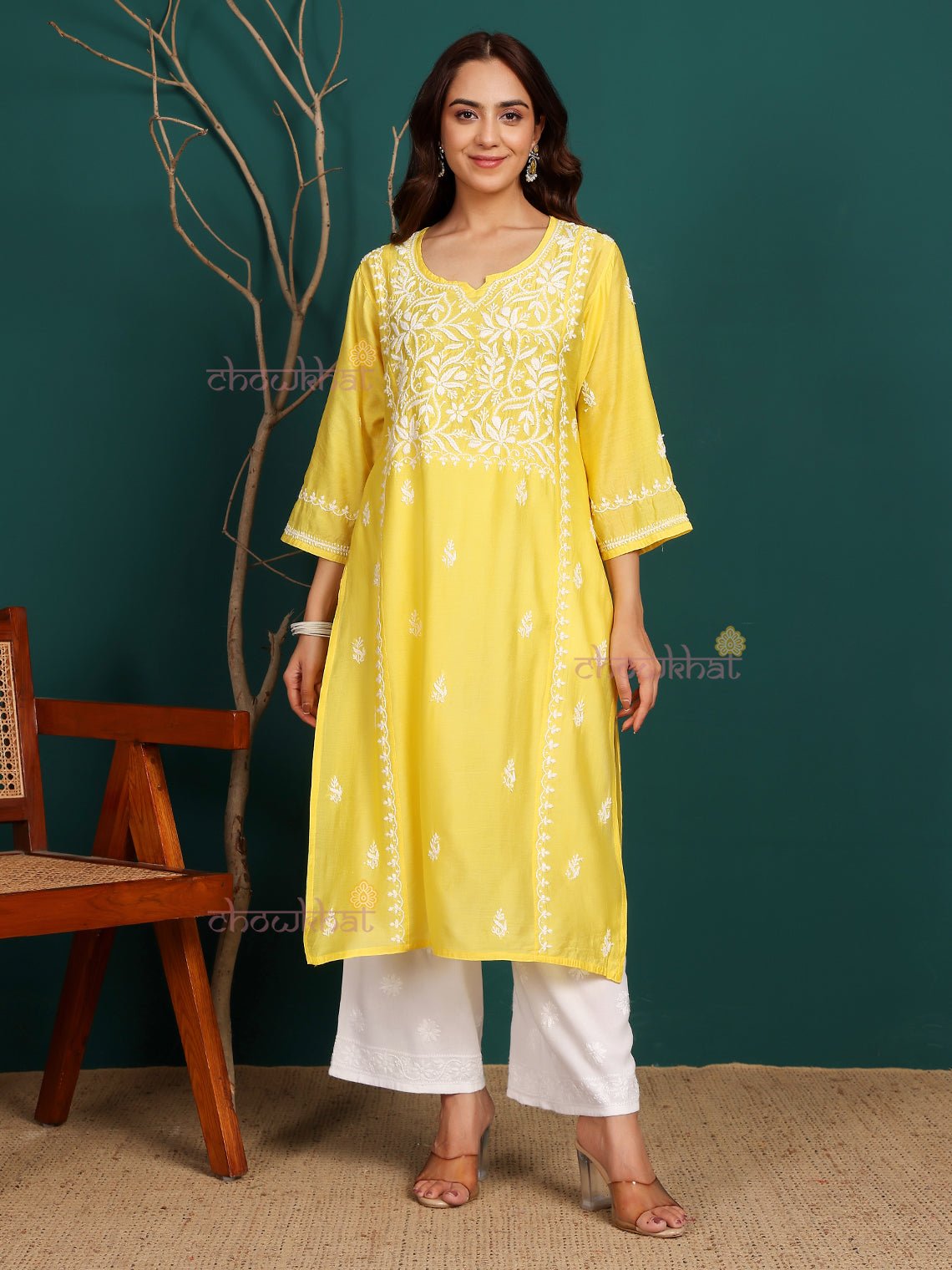 Naina Premium Chanderi Long Hand Embroidered Chikankari Kurti - Chowkhat Lifestyle