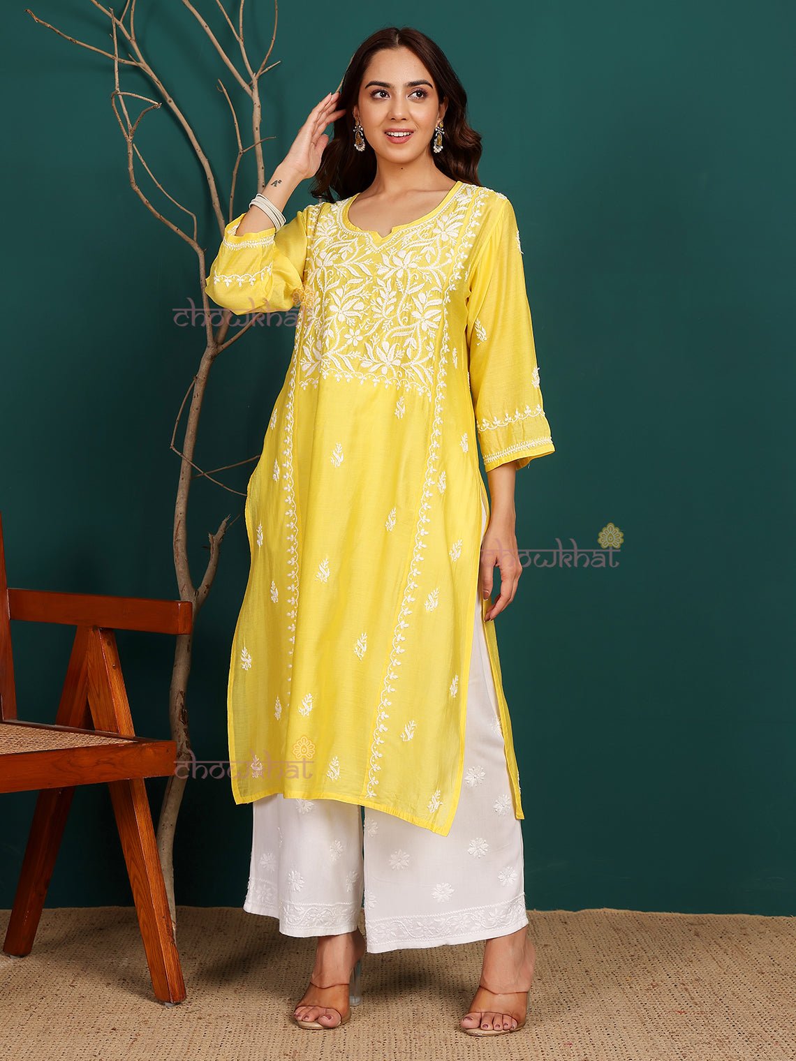 Naina Premium Chanderi Long Hand Embroidered Chikankari Kurti - Chowkhat Lifestyle