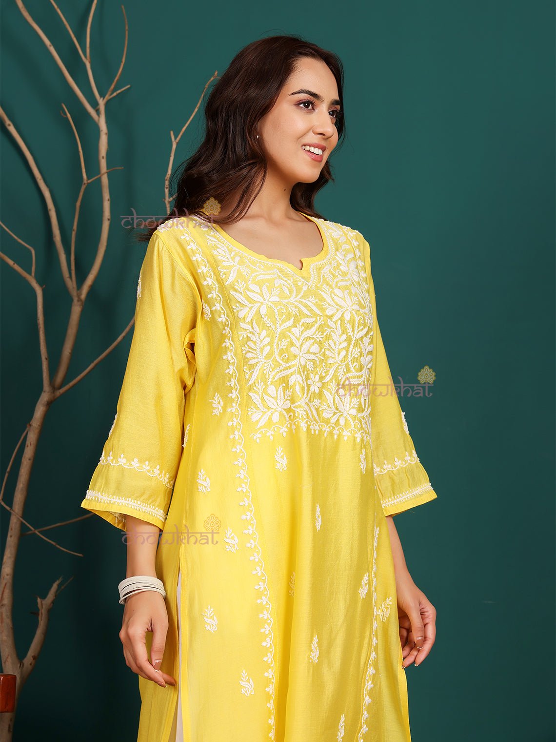 Naina Premium Chanderi Long Hand Embroidered Chikankari Kurti - Chowkhat Lifestyle