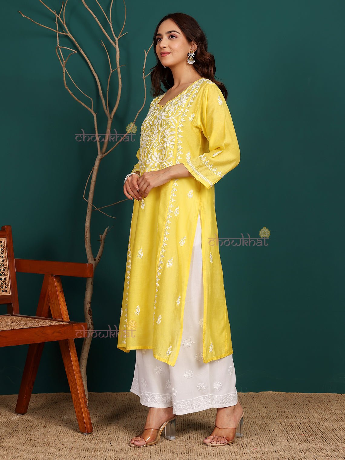 Naina Premium Chanderi Long Hand Embroidered Chikankari Kurti - Chowkhat Lifestyle