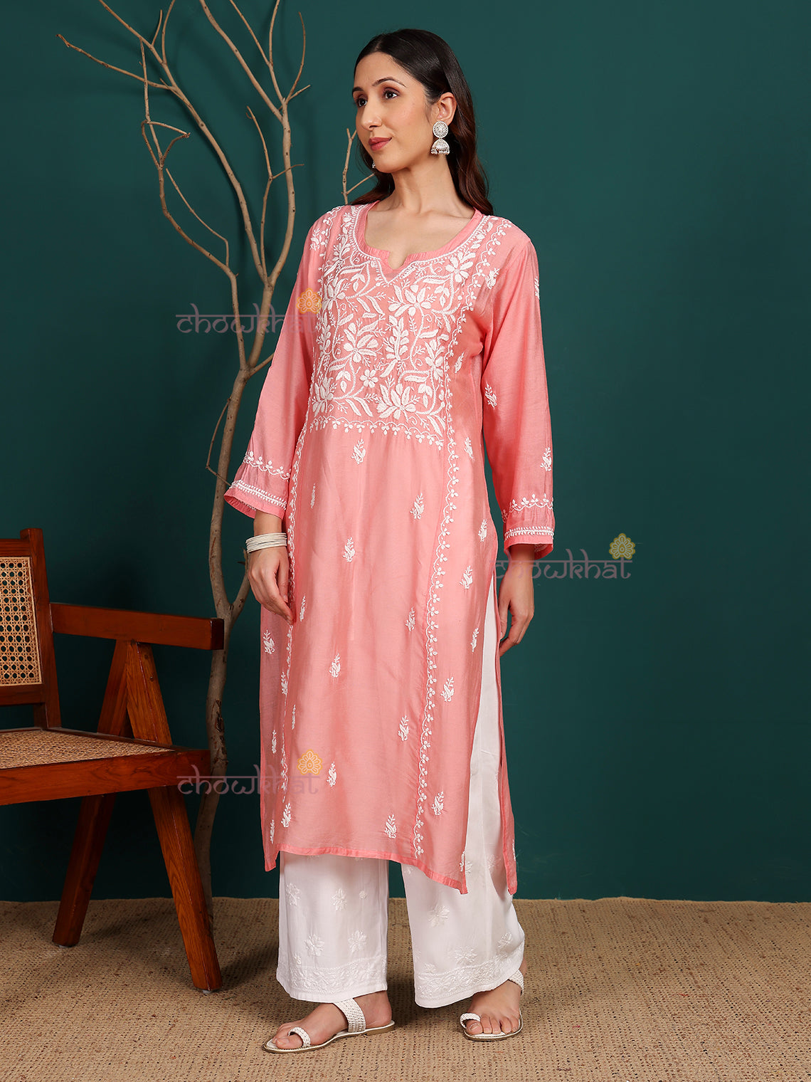 Naina Premium Chanderi Long Hand Embroidered Chikankari Kurti