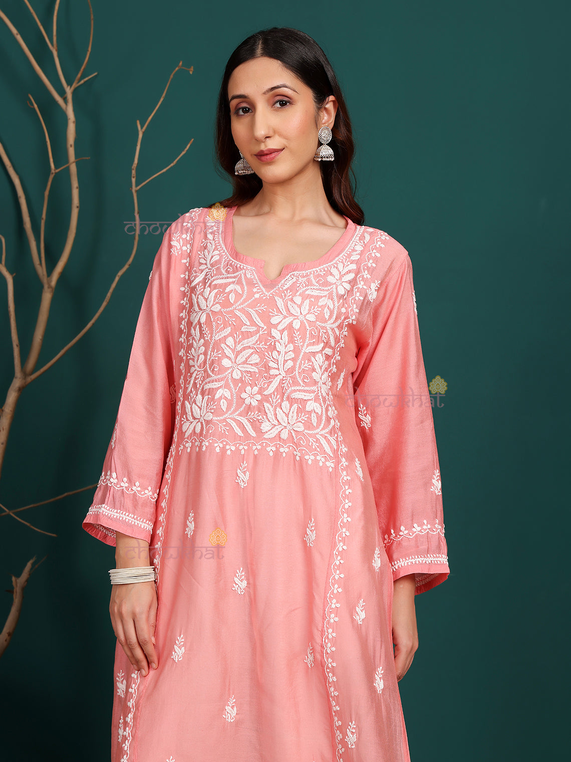 Naina Premium Chanderi Long Hand Embroidered Chikankari Kurti