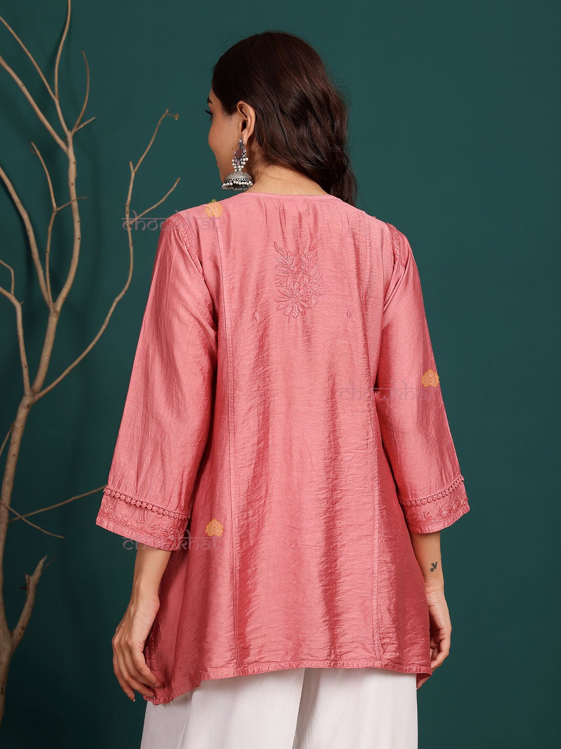 Laina Angrakha Style Short Chanderi Chikankari Kurti - Chowkhat Lifestyle