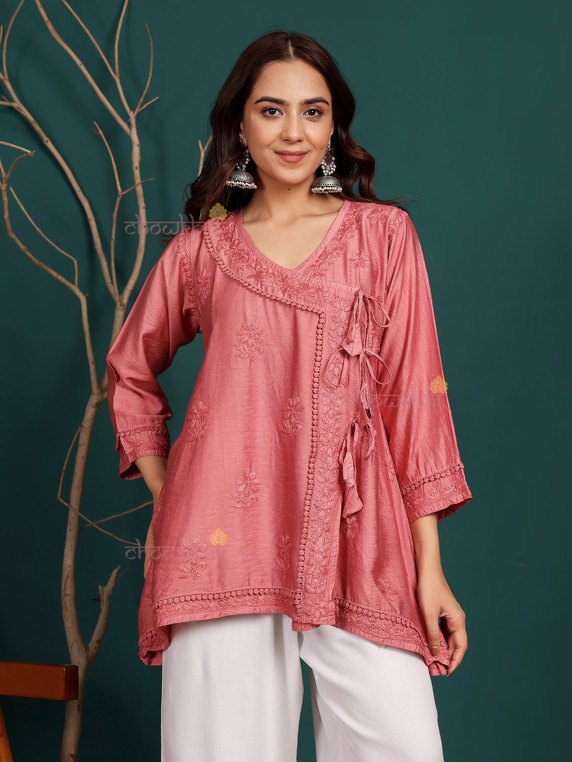 Laina Angrakha Style Short Chanderi Chikankari Kurti - Chowkhat Lifestyle