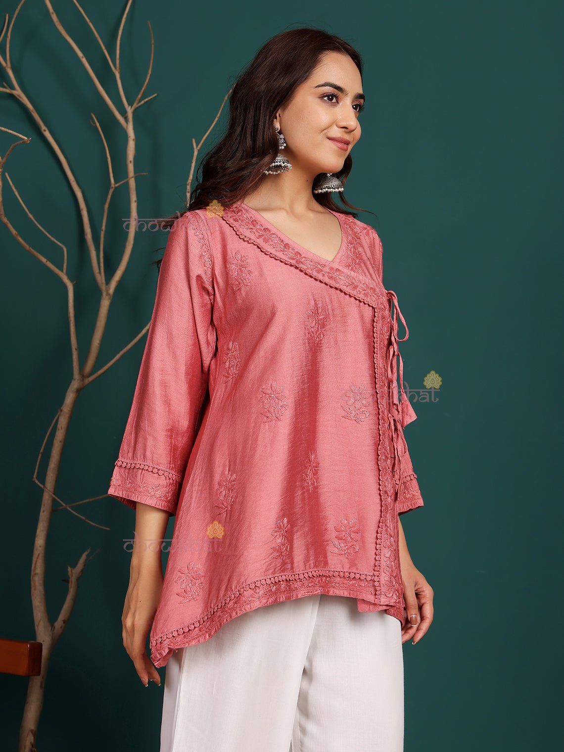 Laina Angrakha Style Short Chanderi Chikankari Kurti - Chowkhat Lifestyle