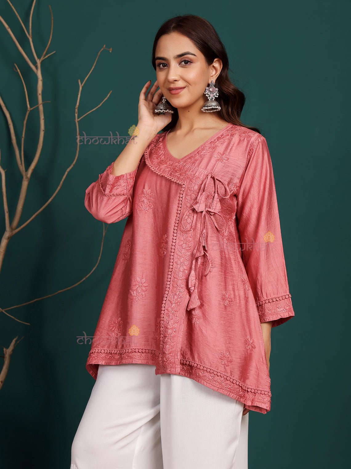 Laina Angrakha Style Short Chanderi Chikankari Kurti - Chowkhat Lifestyle