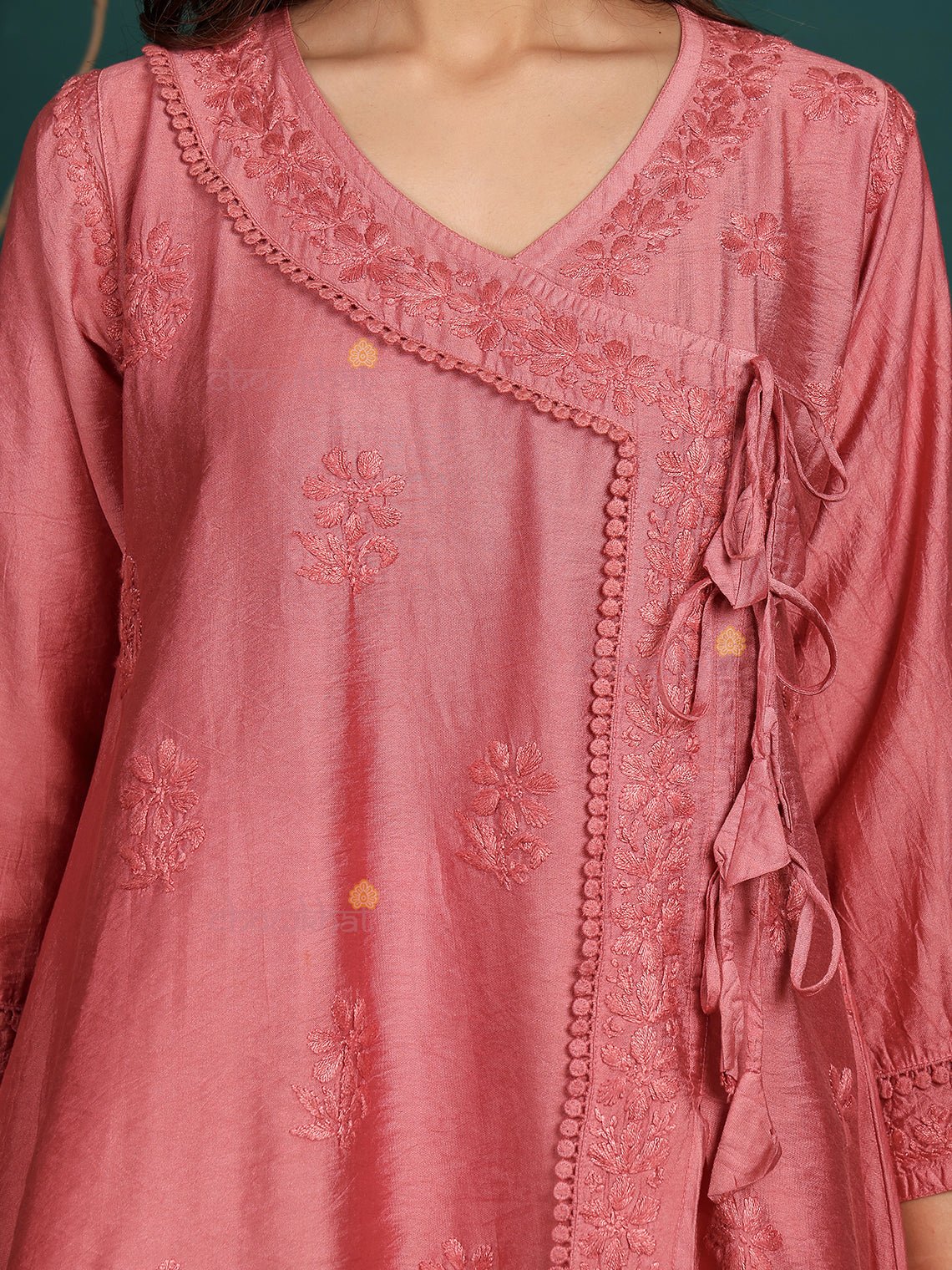 Laina Angrakha Style Short Chanderi Chikankari Kurti - Chowkhat Lifestyle