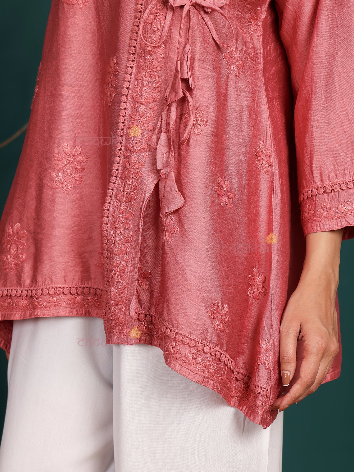 Laina Angrakha Style Short Chanderi Chikankari Kurti - Chowkhat Lifestyle