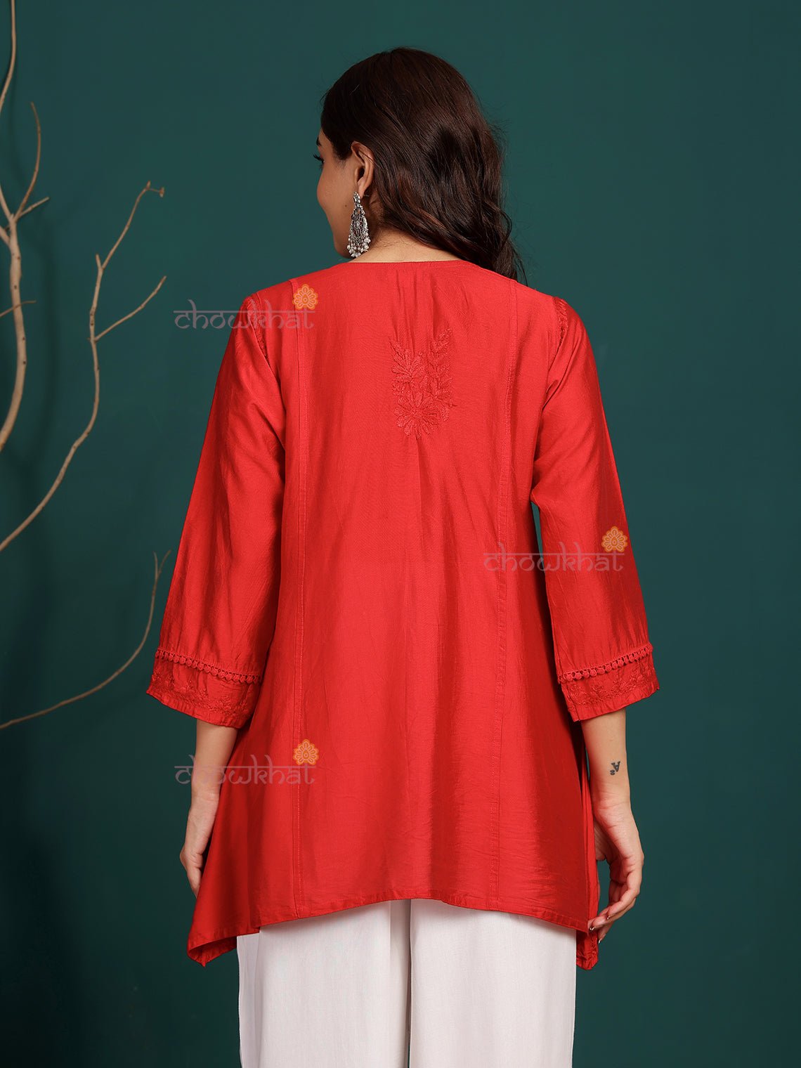 Laina Angrakha Style Short Chanderi Chikankari Kurti - Chowkhat Lifestyle