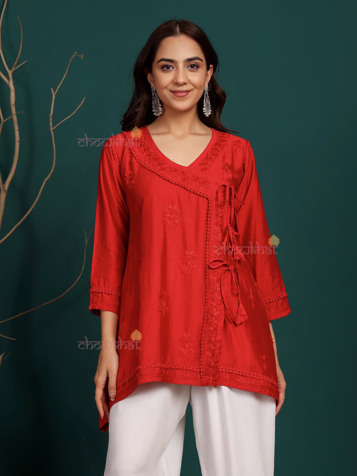 Laina Angrakha Style Short Chanderi Chikankari Kurti - Chowkhat Lifestyle