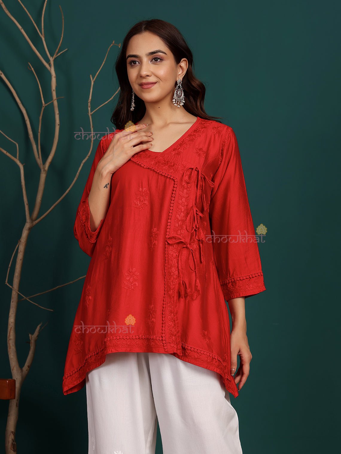 Laina Angrakha Style Short Chanderi Chikankari Kurti - Chowkhat Lifestyle