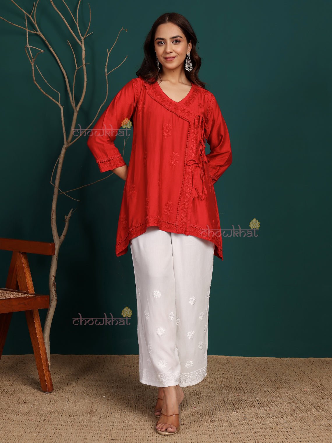 Laina Angrakha Style Short Chanderi Chikankari Kurti - Chowkhat Lifestyle