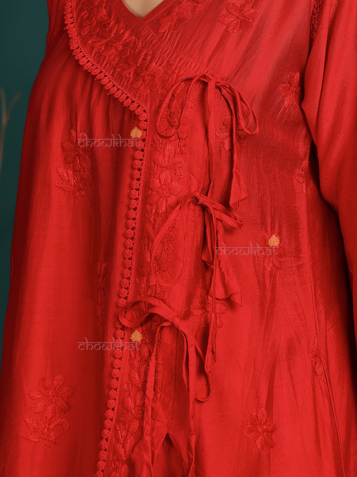 Laina Angrakha Style Short Chanderi Chikankari Kurti - Chowkhat Lifestyle