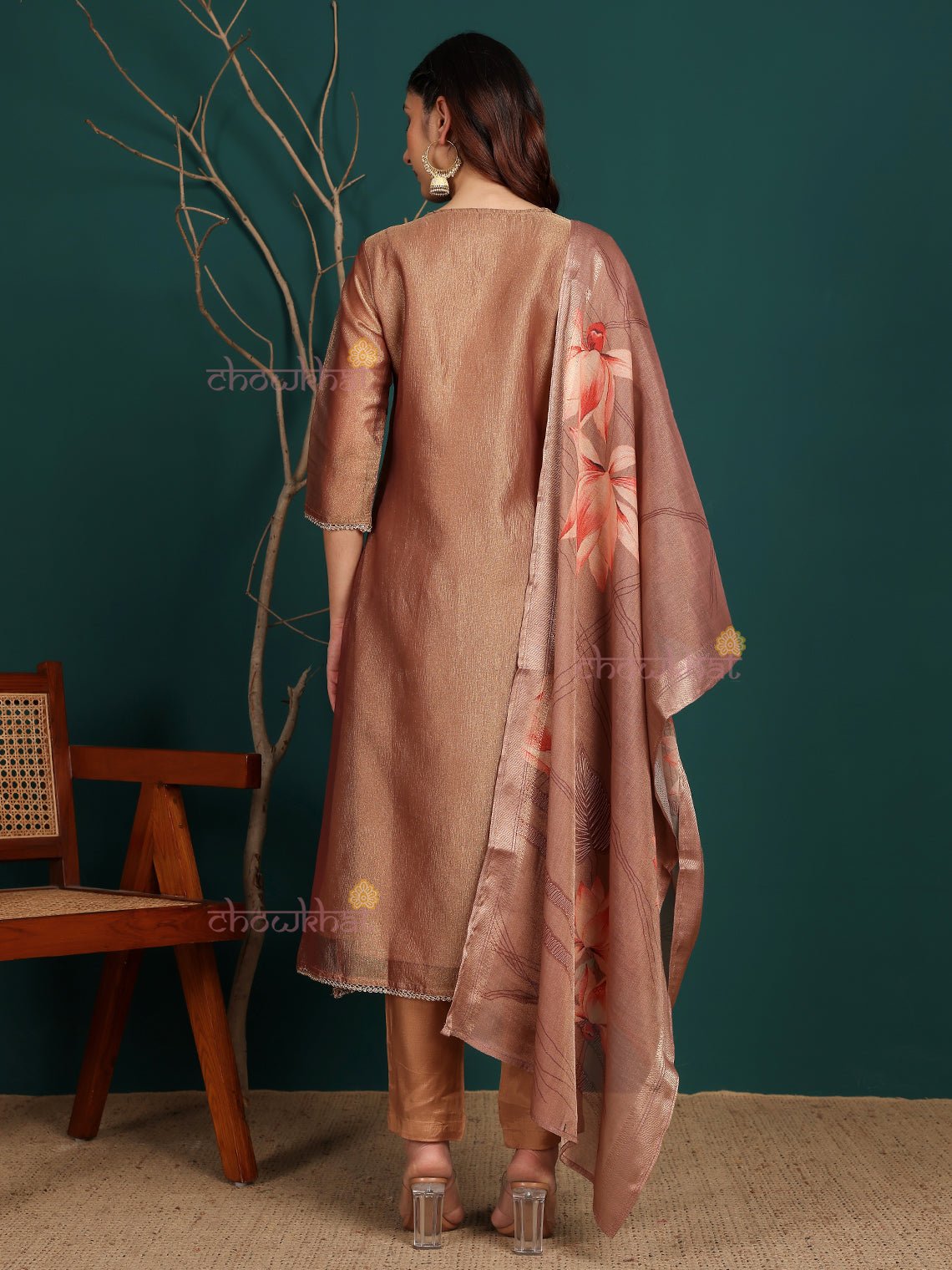 Afiza Tissue Stitched Premium Suit Set with attached Linning & Handwork - Chowkhat Lifestyle