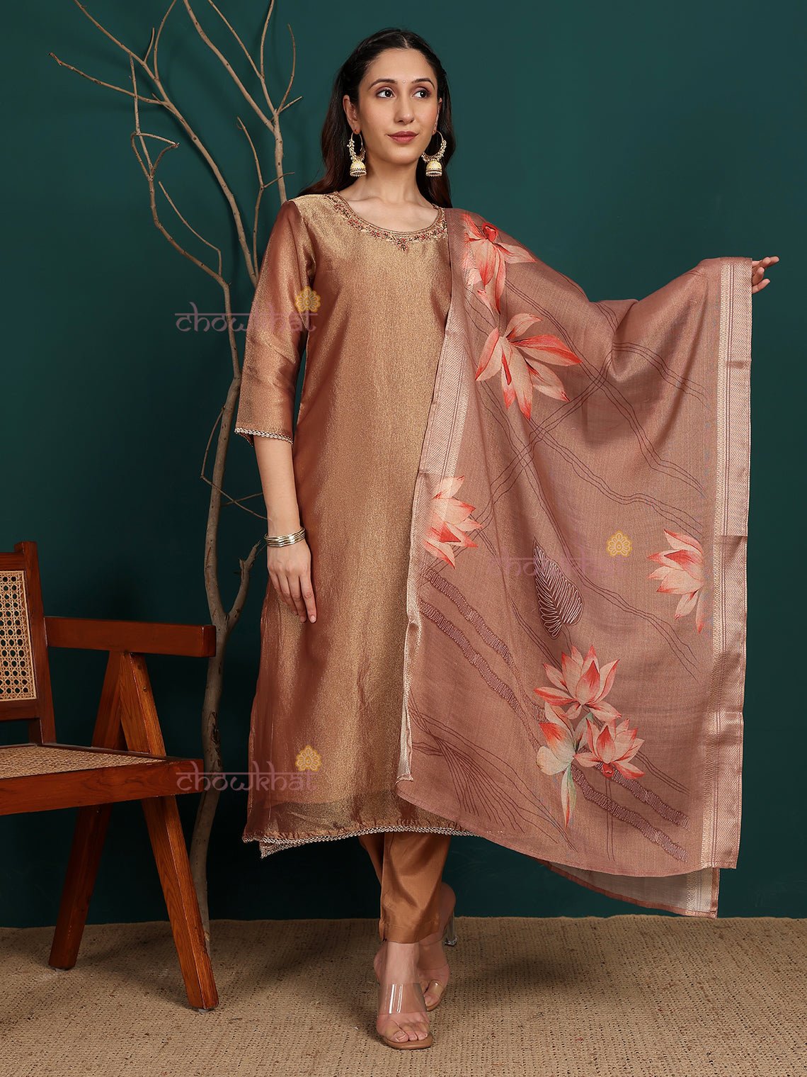 Afiza Tissue Stitched Premium Suit Set with attached Linning & Handwork - Chowkhat Lifestyle