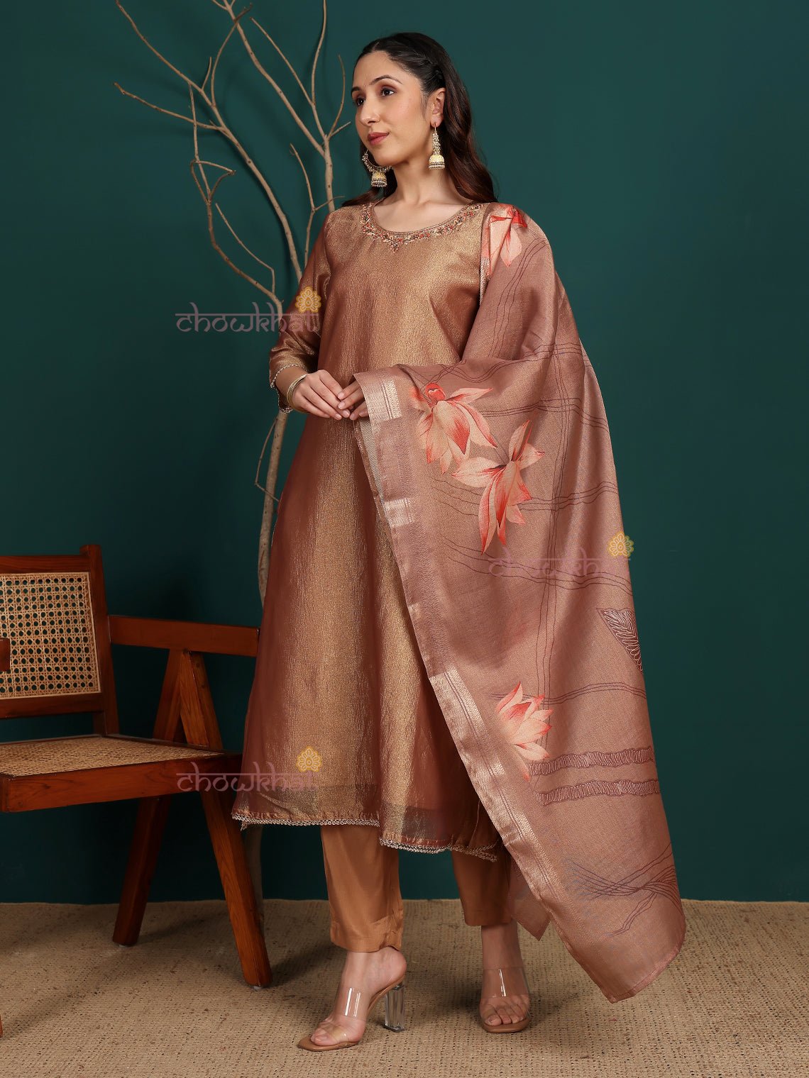 Afiza Tissue Stitched Premium Suit Set with attached Linning & Handwork - Chowkhat Lifestyle