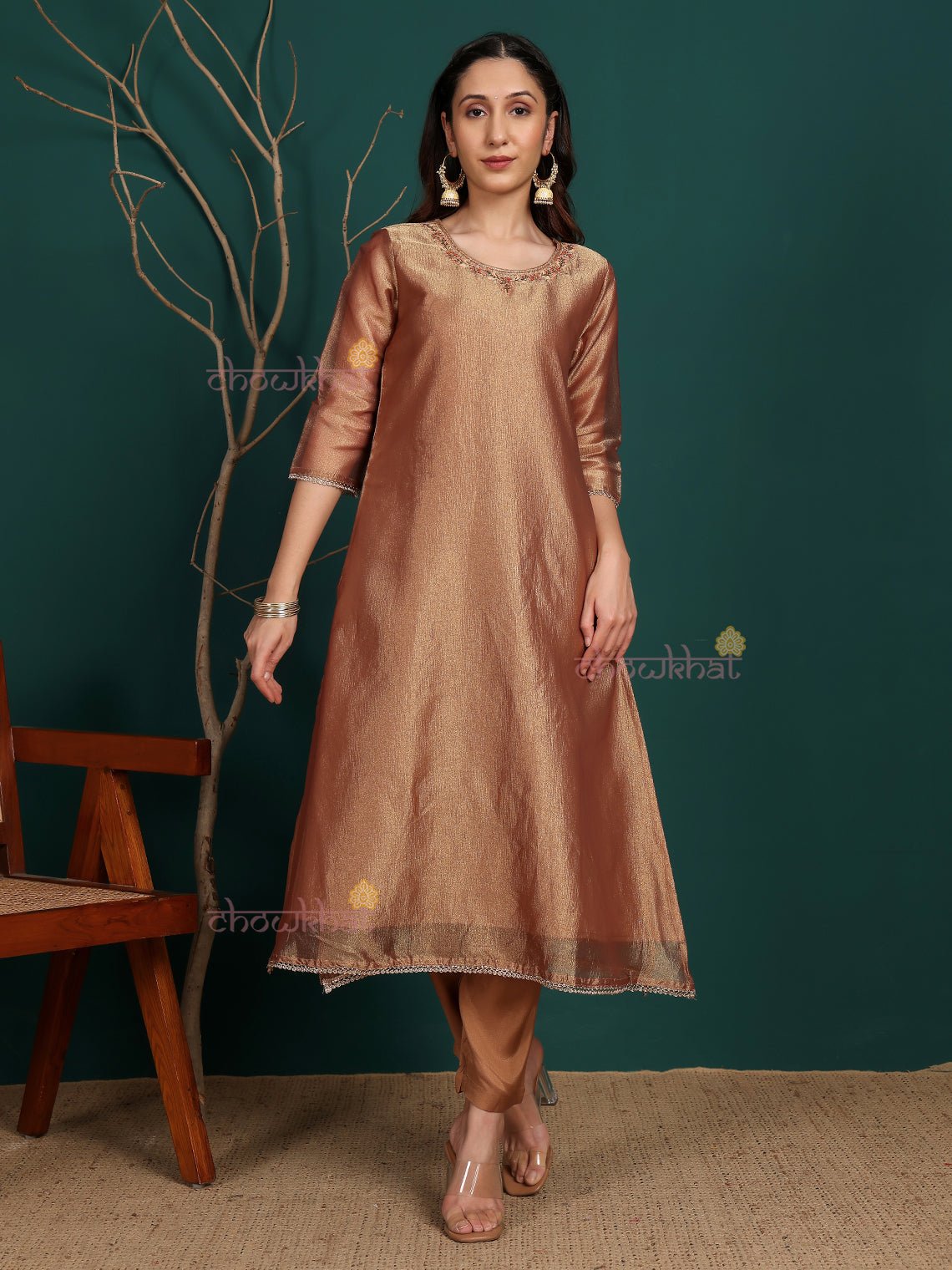 Afiza Tissue Stitched Premium Suit Set with attached Linning & Handwork - Chowkhat Lifestyle