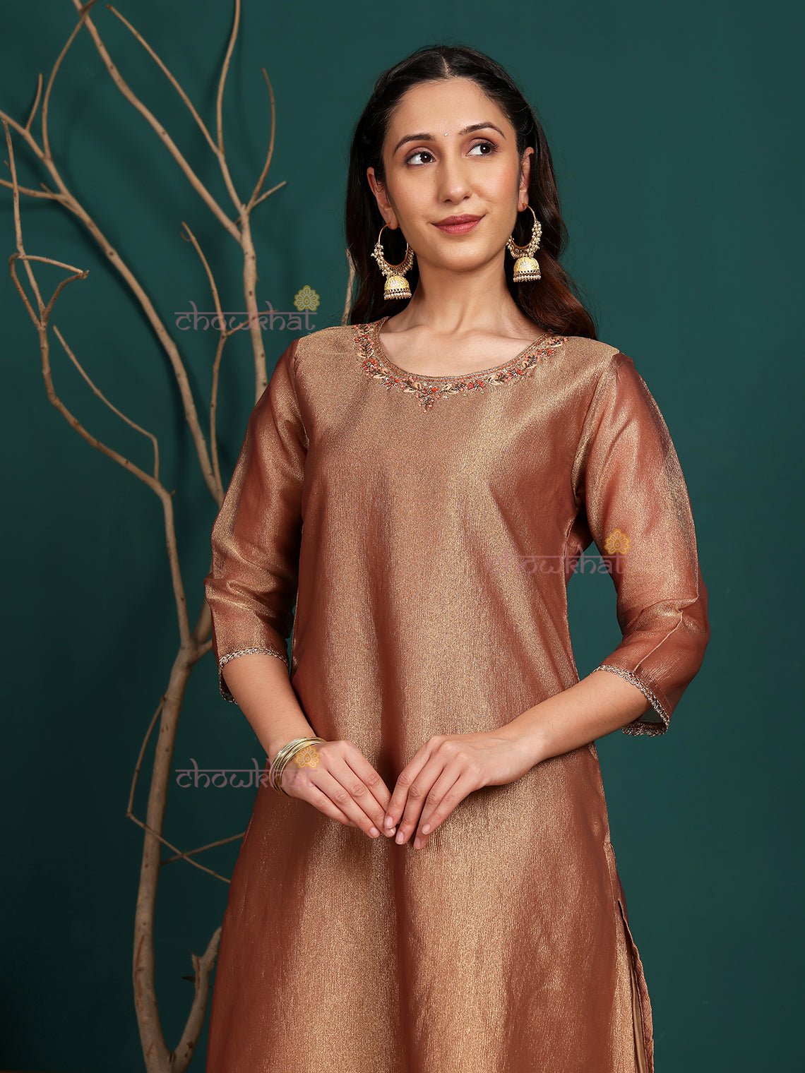 Afiza Tissue Stitched Premium Suit Set with attached Linning & Handwork - Chowkhat Lifestyle