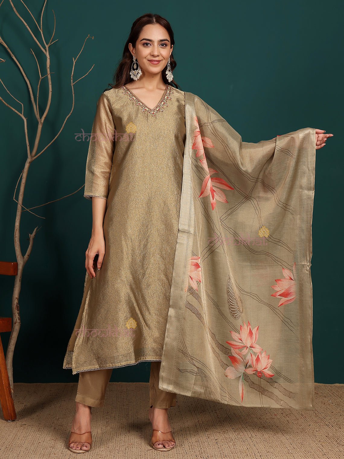 Jasmine Tissue Stitched Premium Suit Set with attached Linning & Handwork - Chowkhat Lifestyle