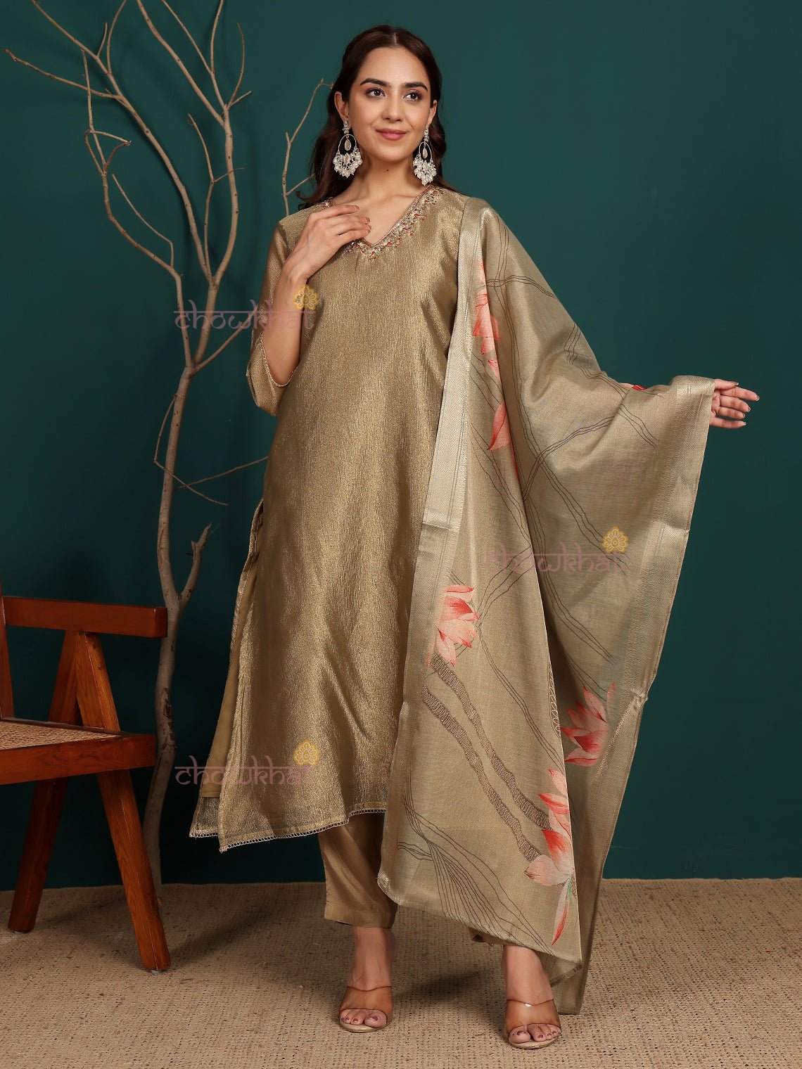 Jasmine Tissue Stitched Premium Suit Set with attached Linning & Handwork - Chowkhat Lifestyle