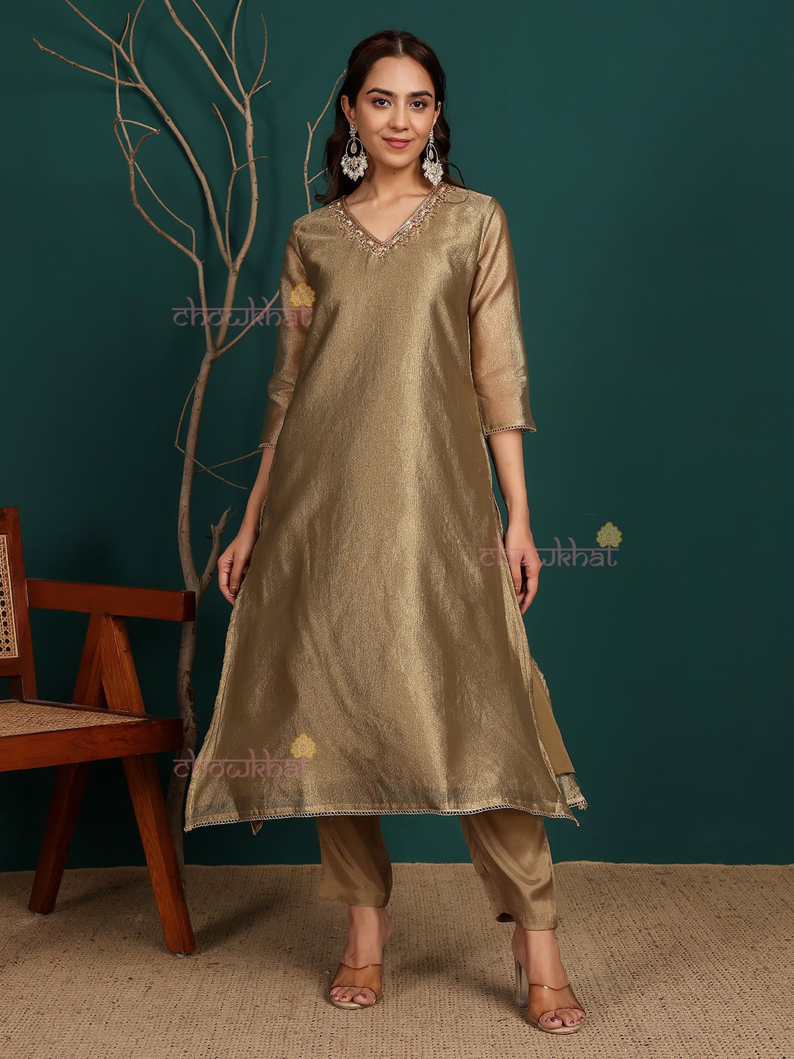 Jasmine Tissue Stitched Premium Suit Set with attached Linning & Handwork - Chowkhat Lifestyle