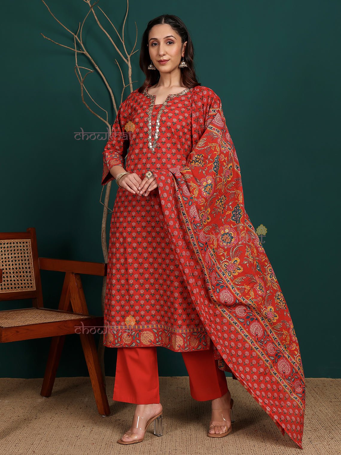 Surkh Pure Cotton Printed Stitched Suit Set With Handwork - Chowkhat Lifestyle