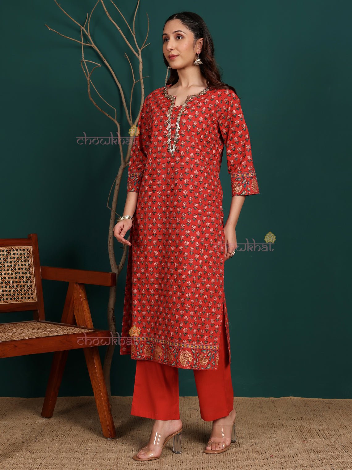 Surkh Pure Cotton Printed Stitched Suit Set With Handwork - Chowkhat Lifestyle