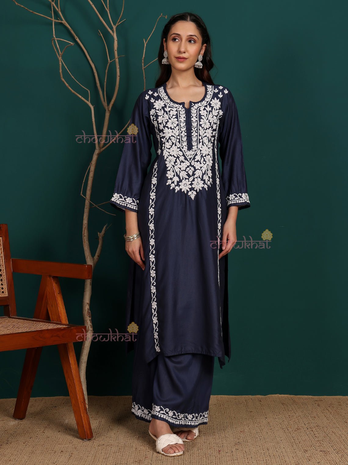 Sadiya Premium Chanderi Chikankari Kurti & Palazzo Set - Chowkhat Lifestyle