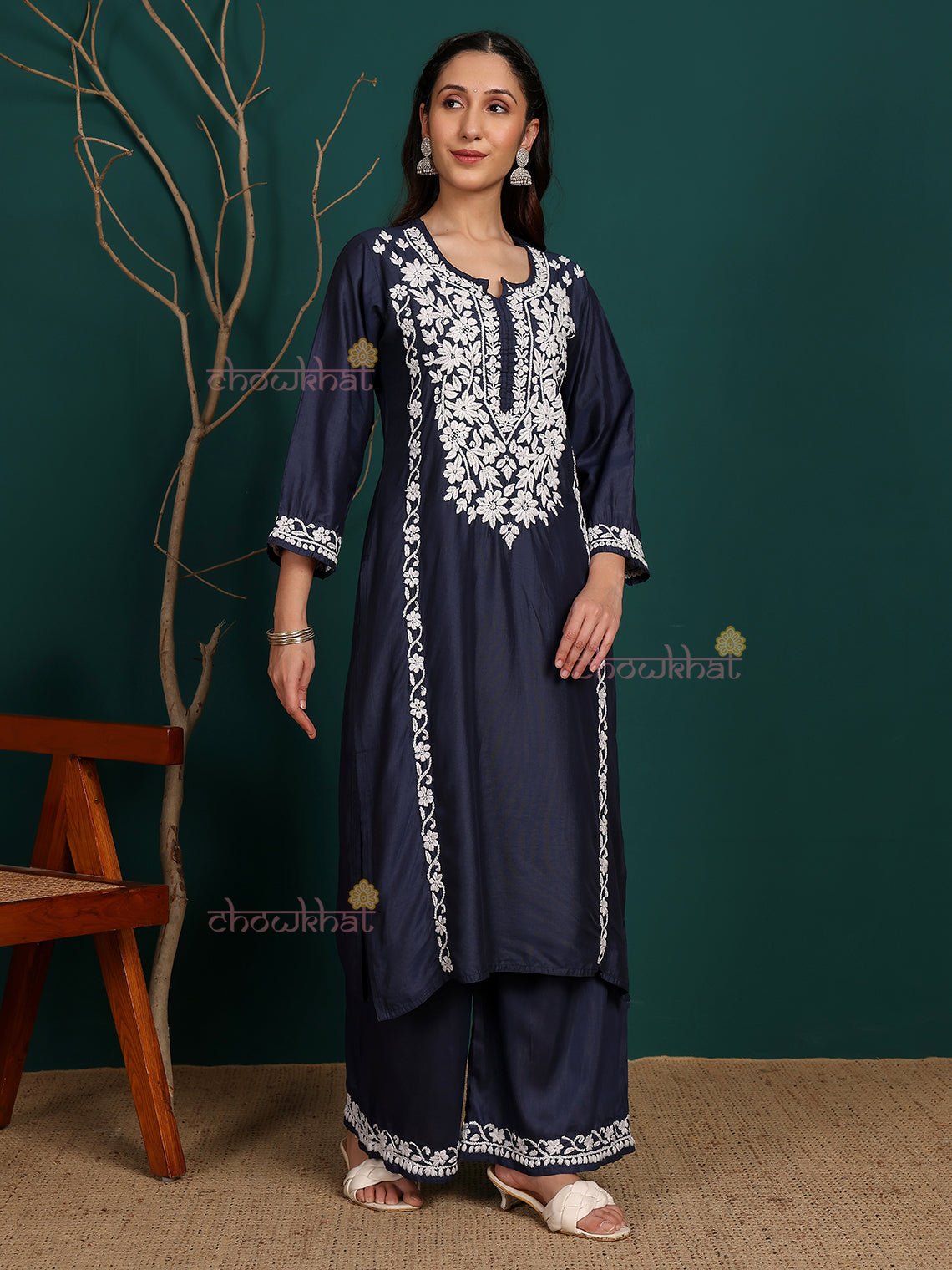 Sadiya Premium Chanderi Chikankari Kurti & Palazzo Set - Chowkhat Lifestyle