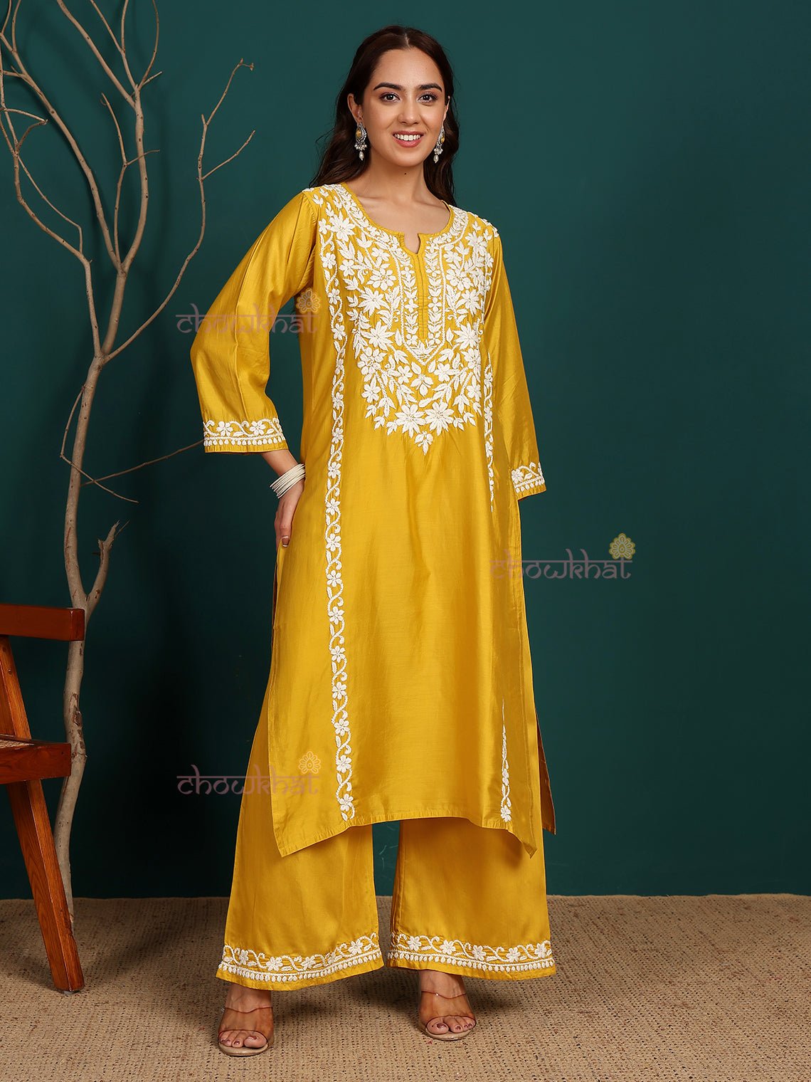 Sadiya Premium Chanderi Chikankari Kurti & Palazzo Set - Chowkhat Lifestyle