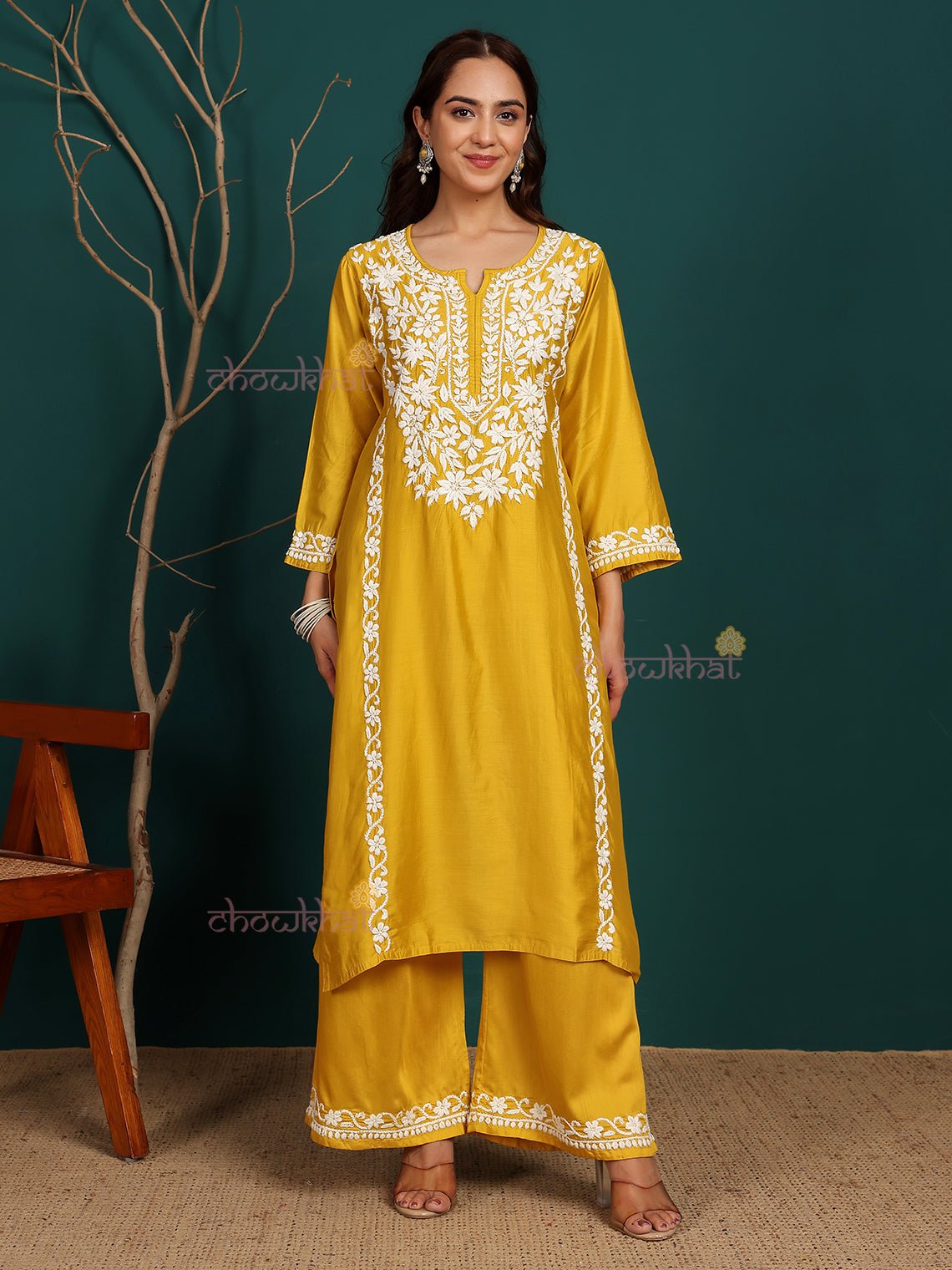 Sadiya Premium Chanderi Chikankari Kurti & Palazzo Set - Chowkhat Lifestyle