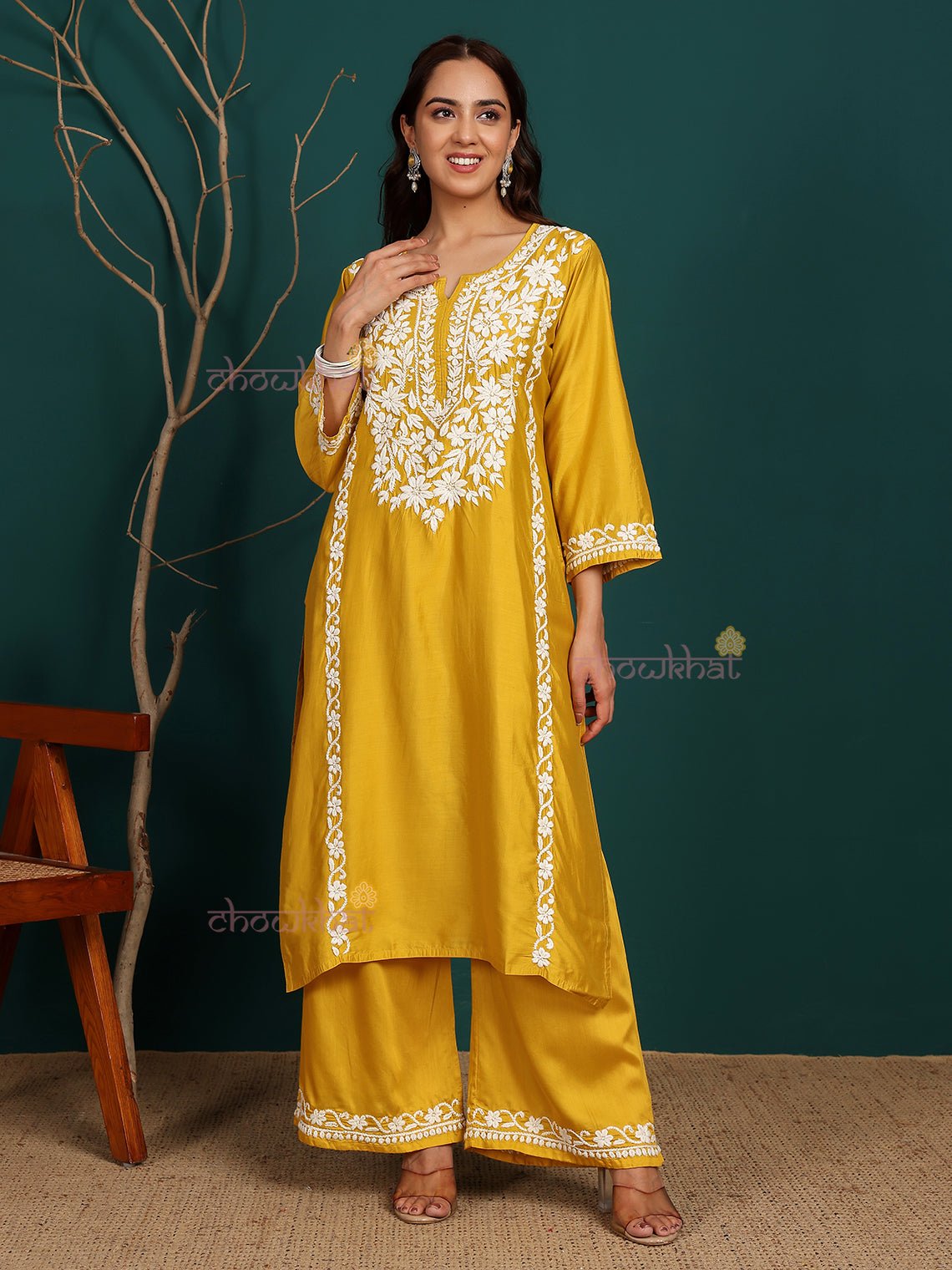 Sadiya Premium Chanderi Chikankari Kurti & Palazzo Set - Chowkhat Lifestyle