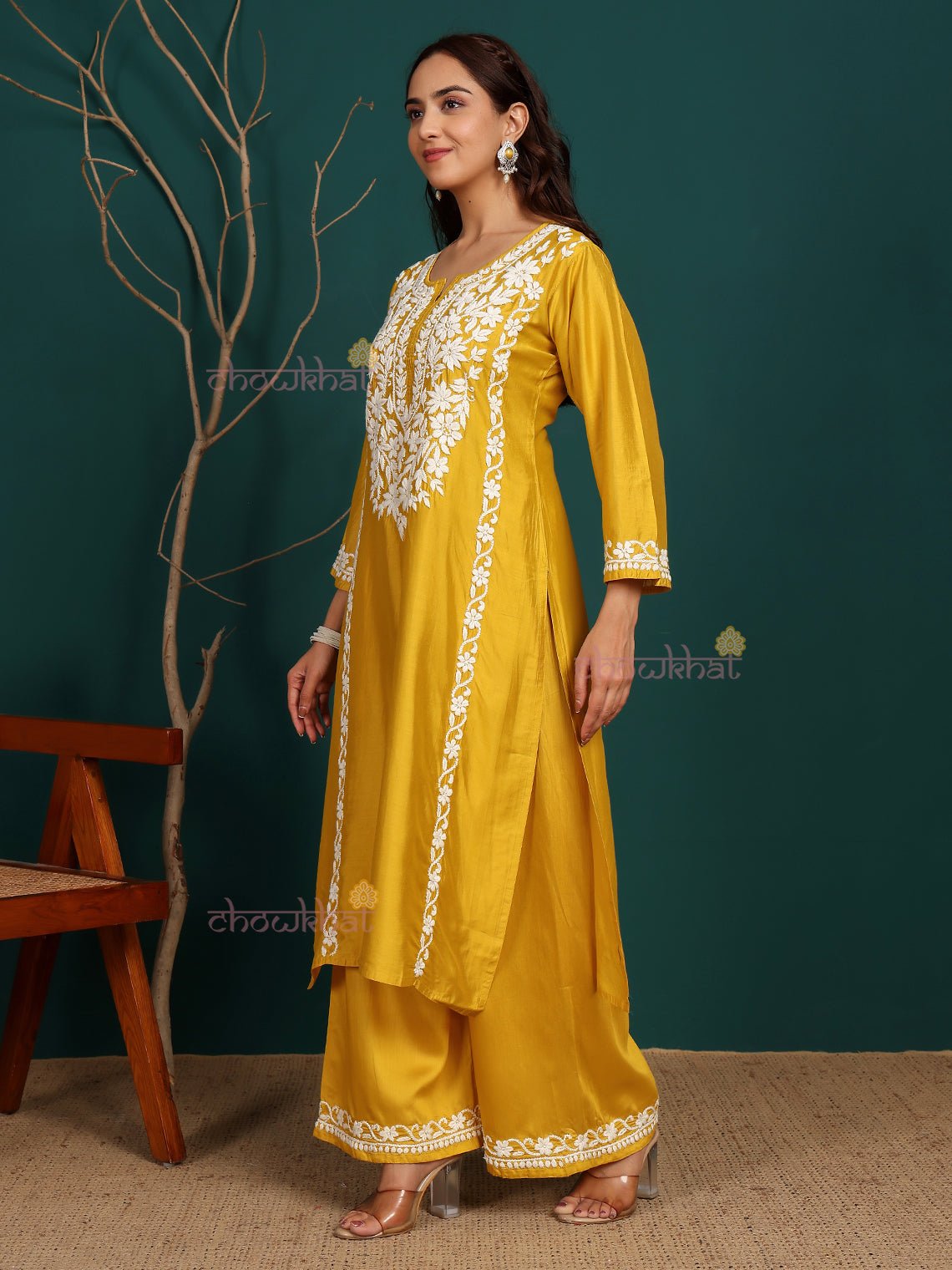 Sadiya Premium Chanderi Chikankari Kurti & Palazzo Set - Chowkhat Lifestyle