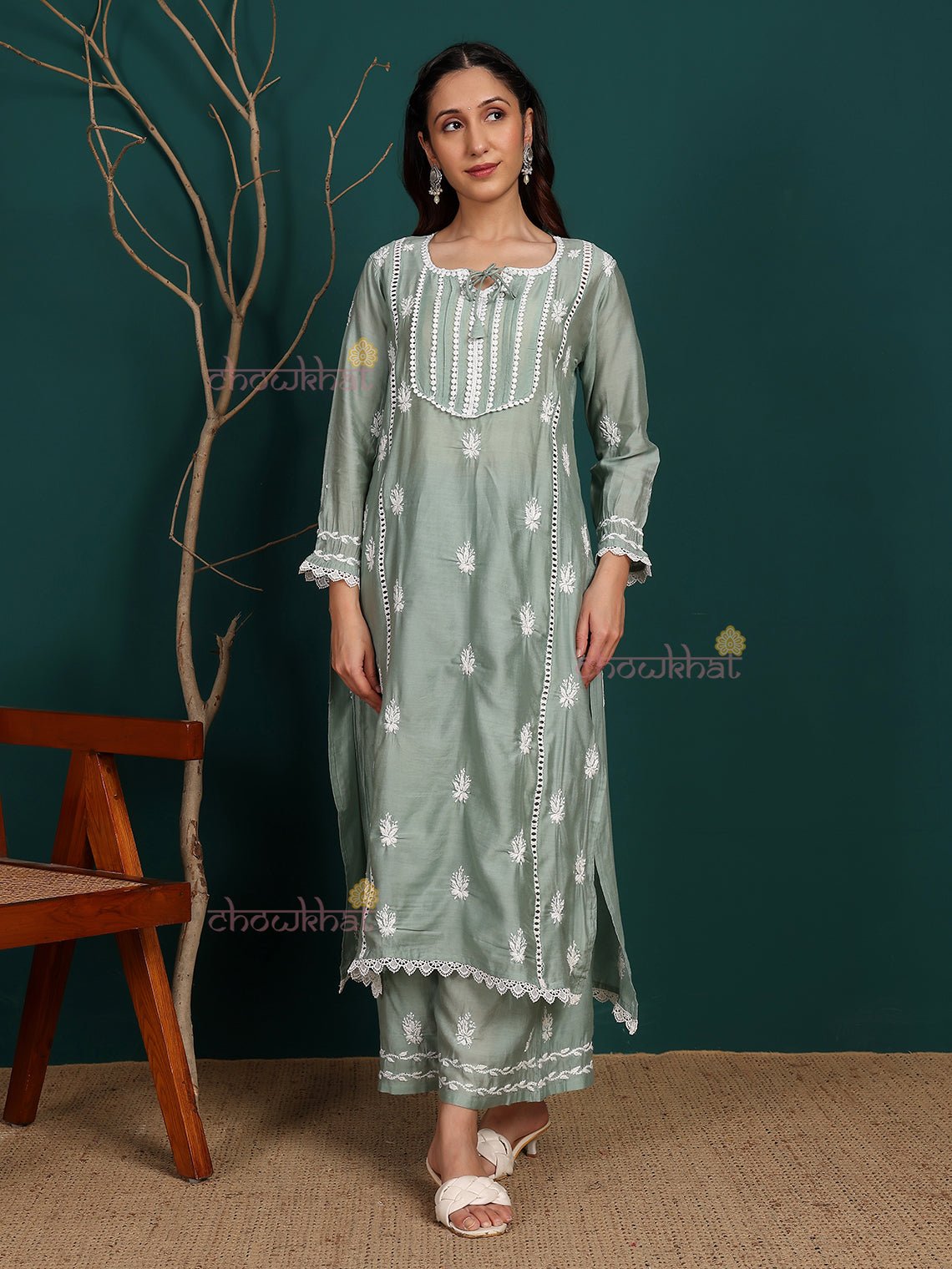 Aayat Premium Chanderi Chikankari Kurti & Palazzo Set with Lace Detaling - Chowkhat Lifestyle