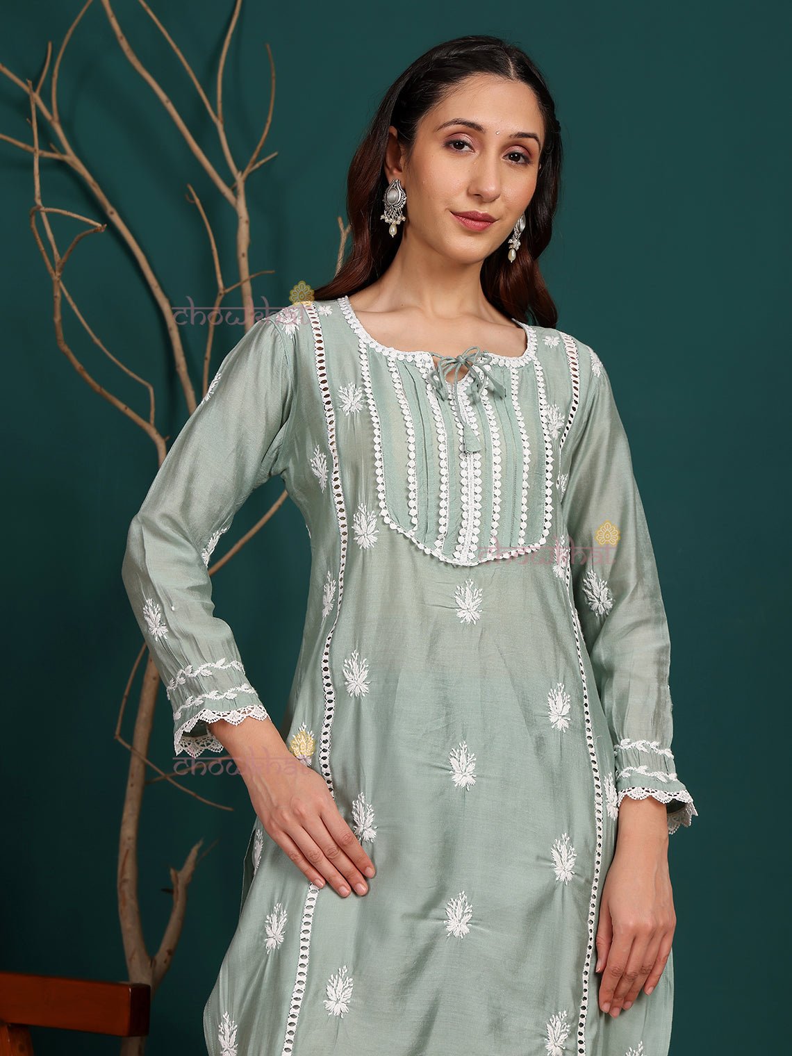 Aayat Premium Chanderi Chikankari Kurti & Palazzo Set with Lace Detaling - Chowkhat Lifestyle