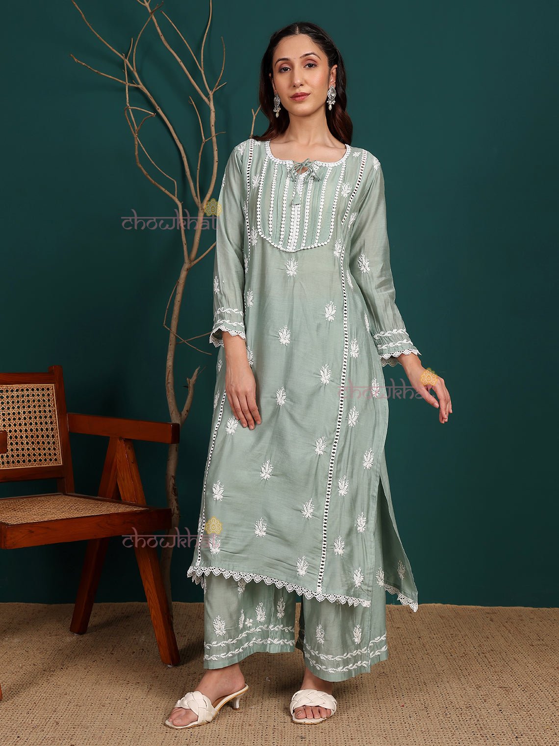 Aayat Premium Chanderi Chikankari Kurti & Palazzo Set with Lace Detaling - Chowkhat Lifestyle