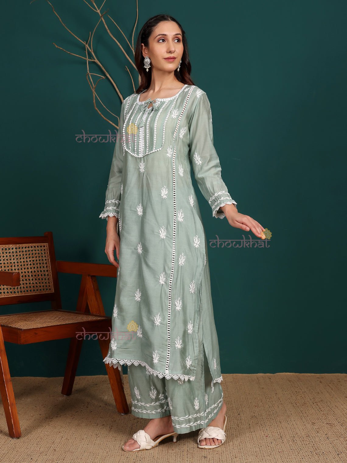 Aayat Premium Chanderi Chikankari Kurti & Palazzo Set with Lace Detaling - Chowkhat Lifestyle