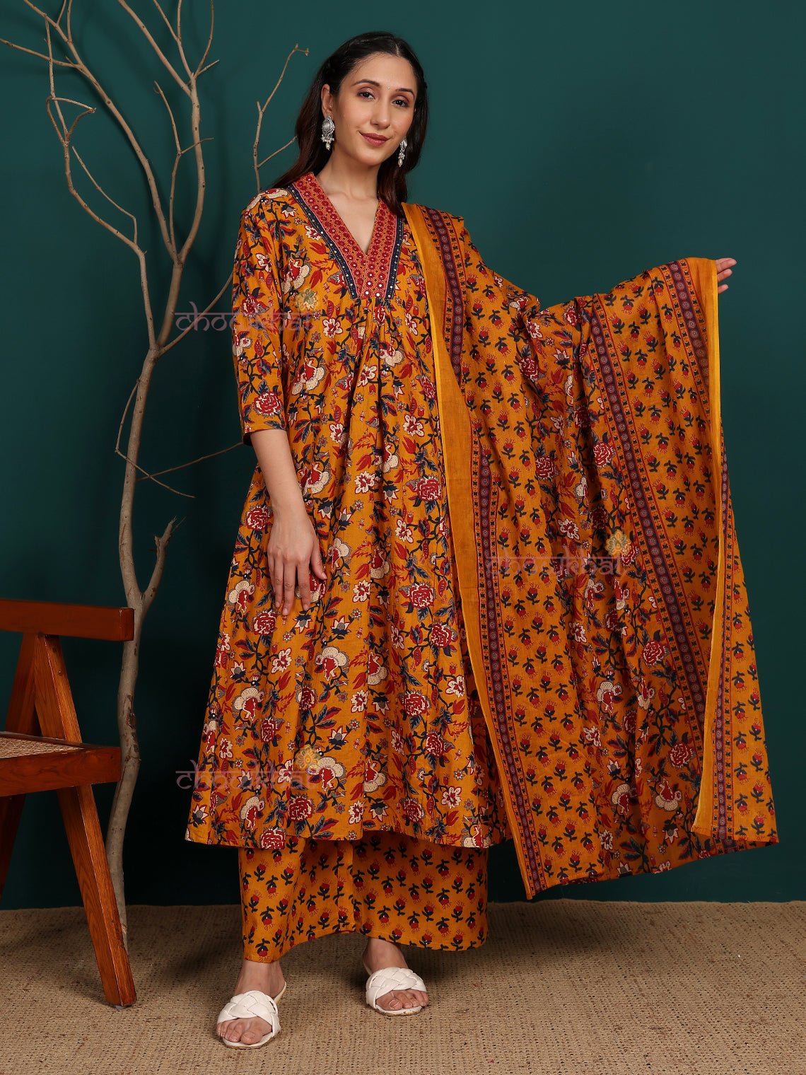 Alisha Pure Cotton Stitched Aline Suit Set with Handwork - Chowkhat Lifestyle