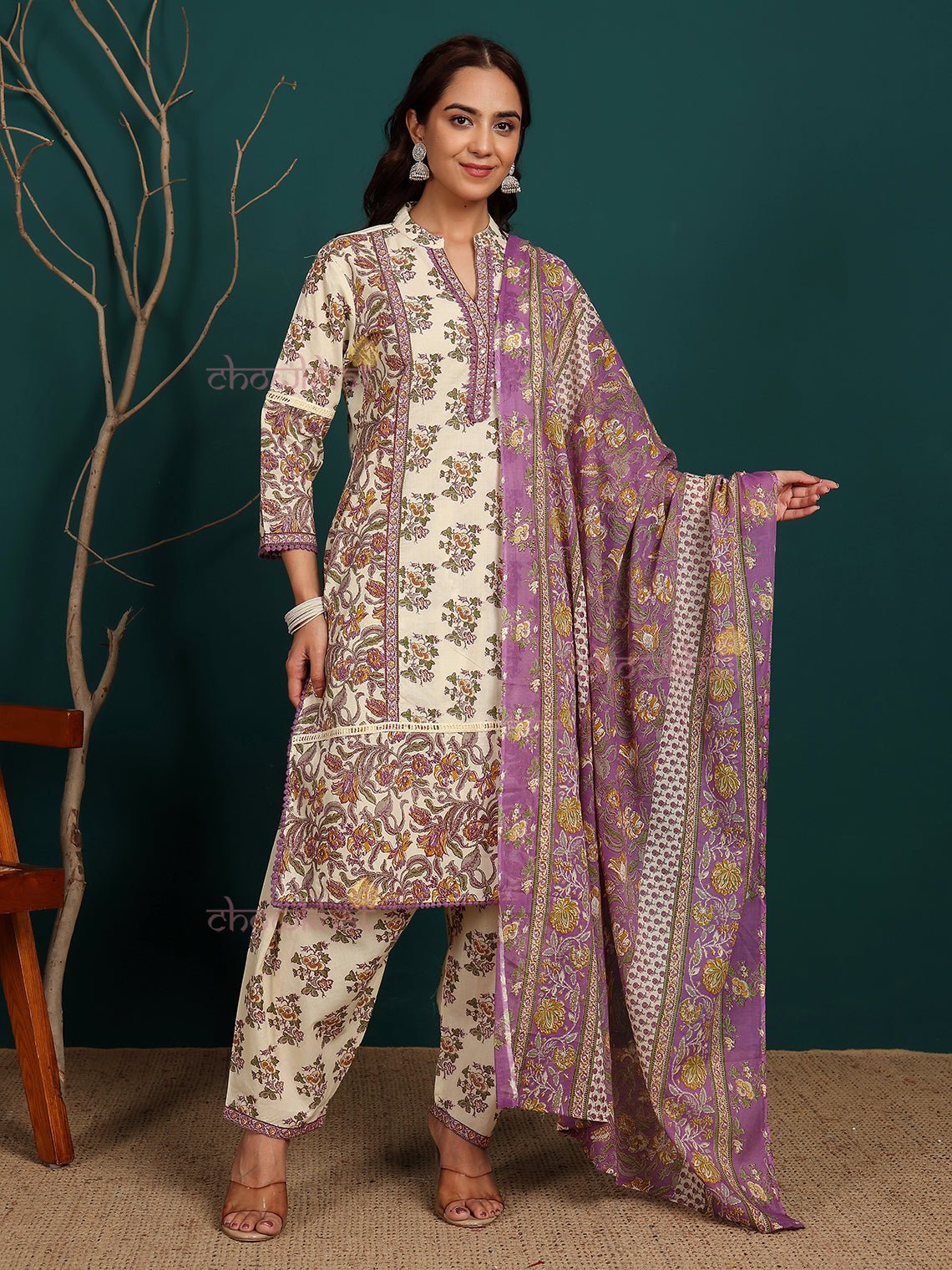 Nish Pure Cotton Printed Sticthed Suit Set With Handwork - Chowkhat Lifestyle