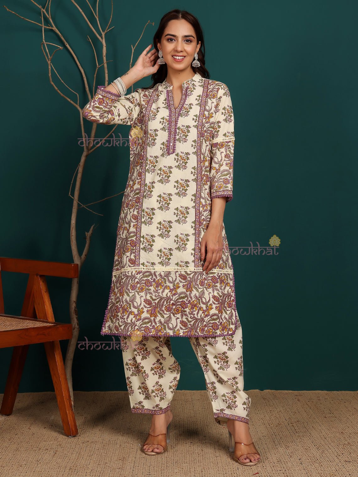 Nish Pure Cotton Printed Sticthed Suit Set With Handwork - Chowkhat Lifestyle