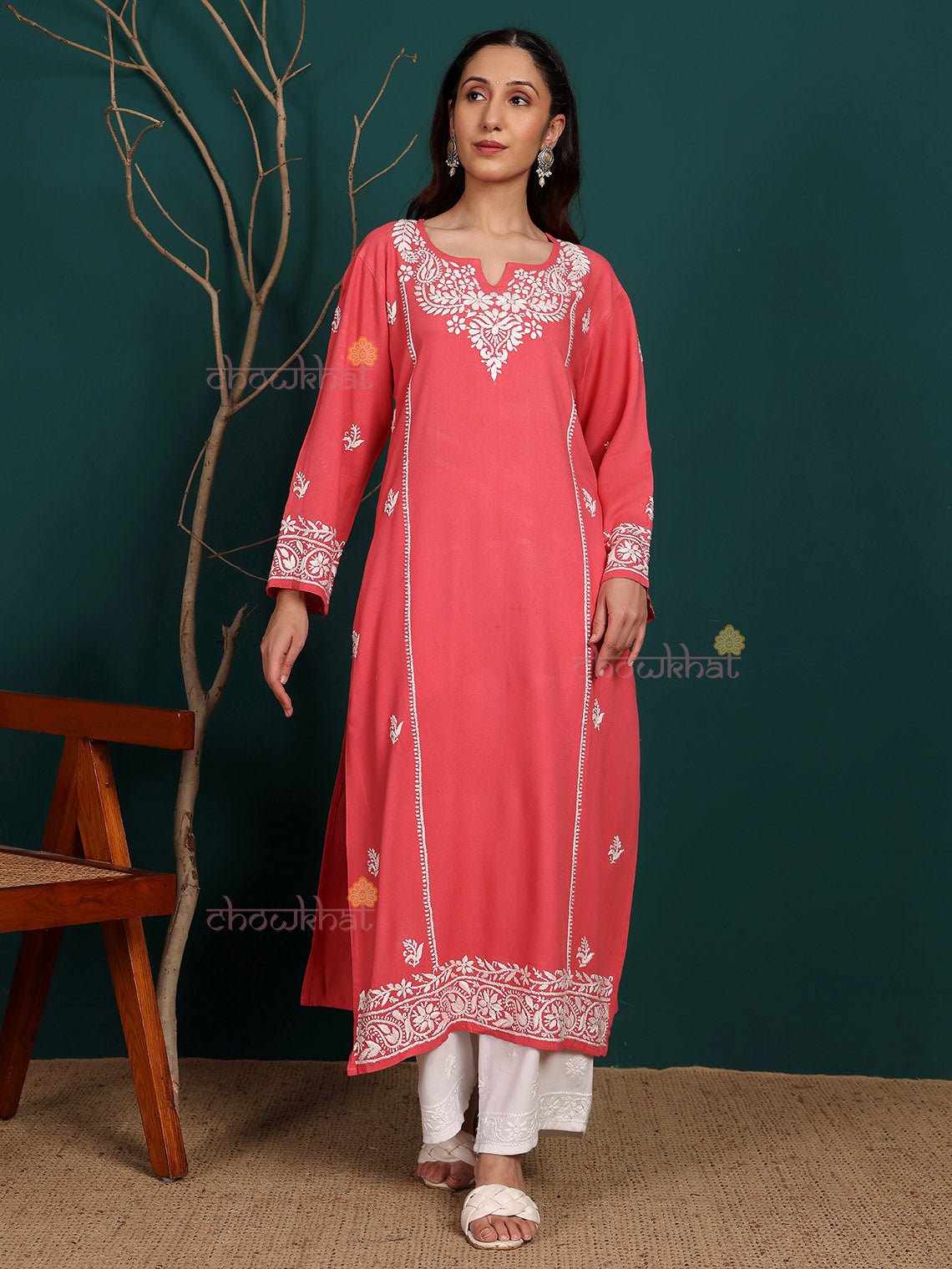 Humaira Rayon Straight Long Chikankari Kurti - Chowkhat Lifestyle