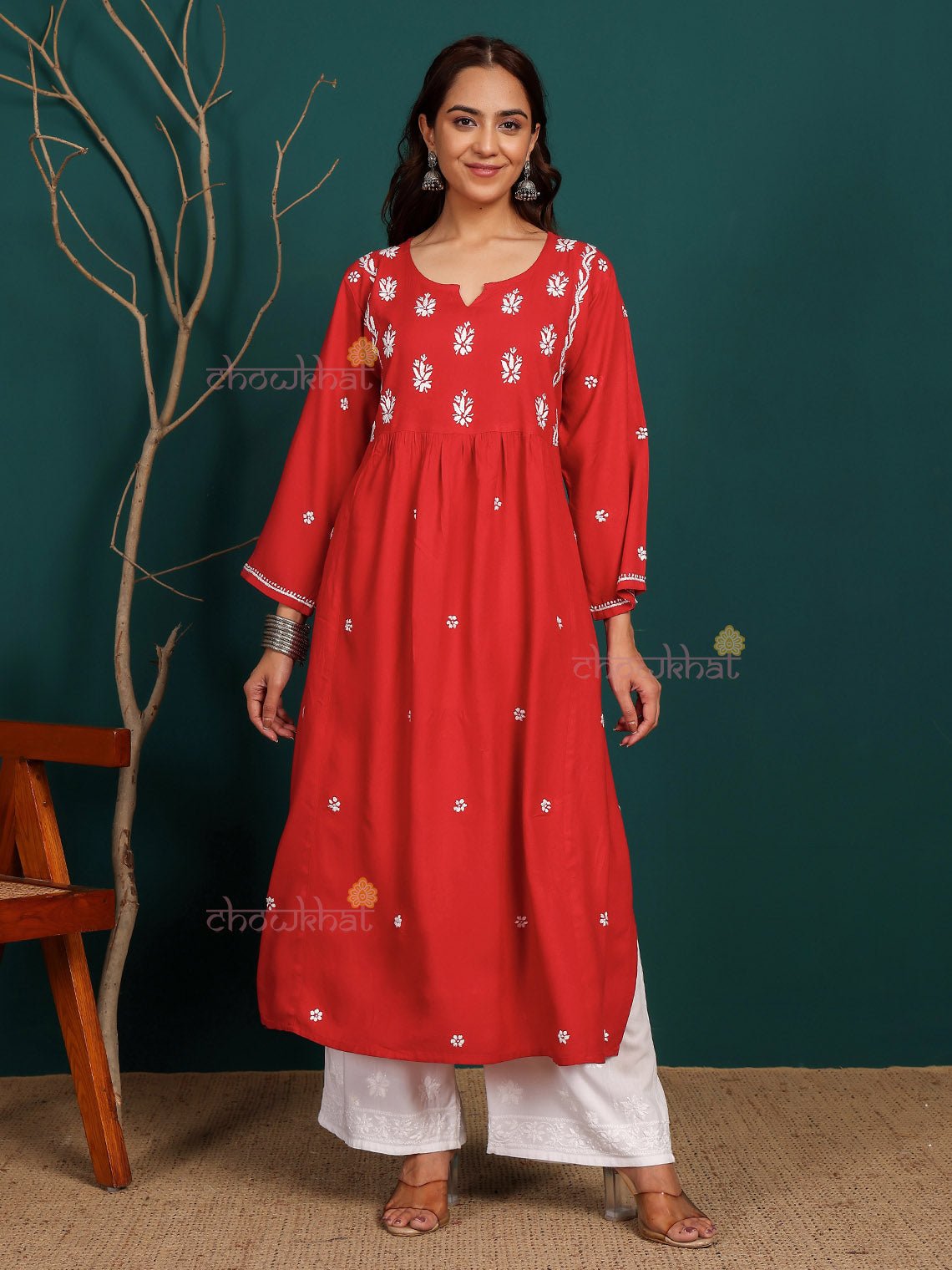 Bahar Premium Rayon Nyra Style Long Chikankari Kurti - Chowkhat Lifestyle