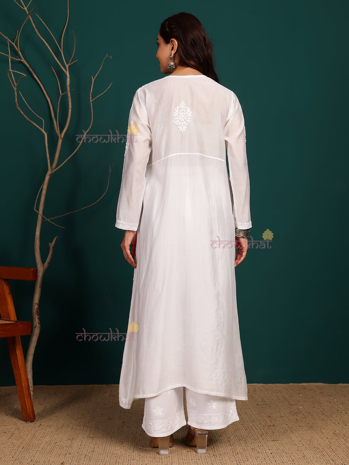 Roohi Angrakha Chanderi Hand Embroidered Chikankari Kurti - Chowkhat Lifestyle