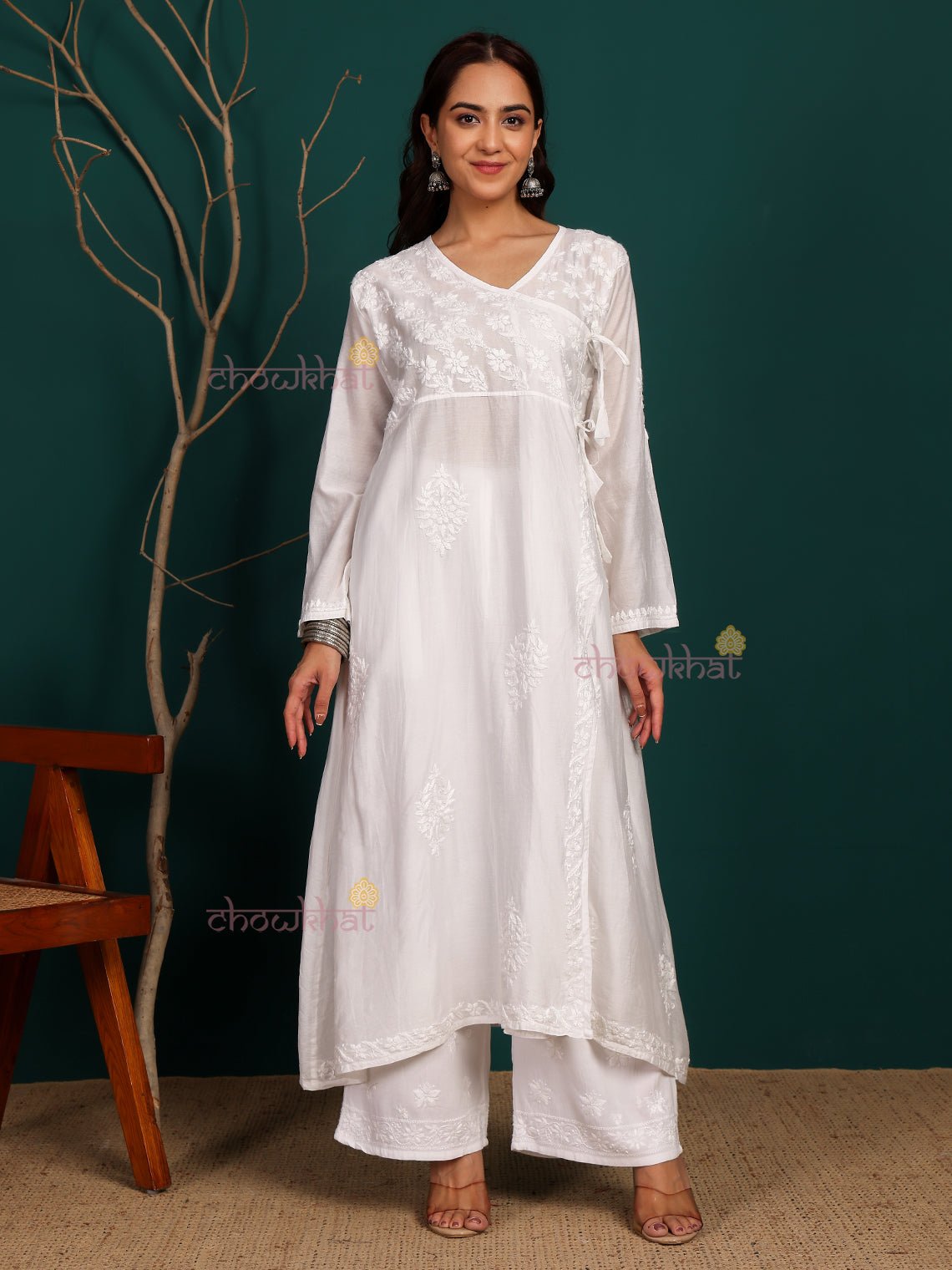 Roohi Angrakha Chanderi Hand Embroidered Chikankari Kurti - Chowkhat Lifestyle